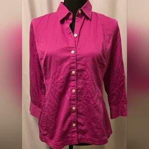 Banana Republic Fitted Stretch Fuchsia Button-Down 3/4 Sleeve Dress Shirt